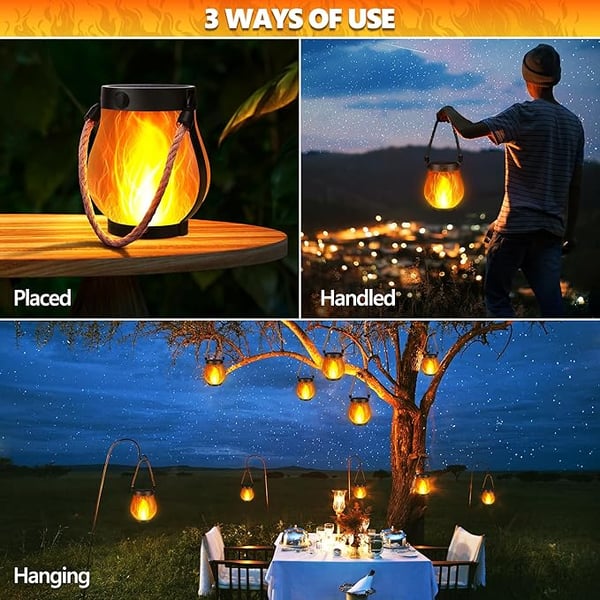 Solar Lanterns Lights, Flickering Flame Garden Lights with 2 Modes Dual Charging USB and Solar, Outdoor Waterproof Hanging Lantern for Yard Patio Porch Decor