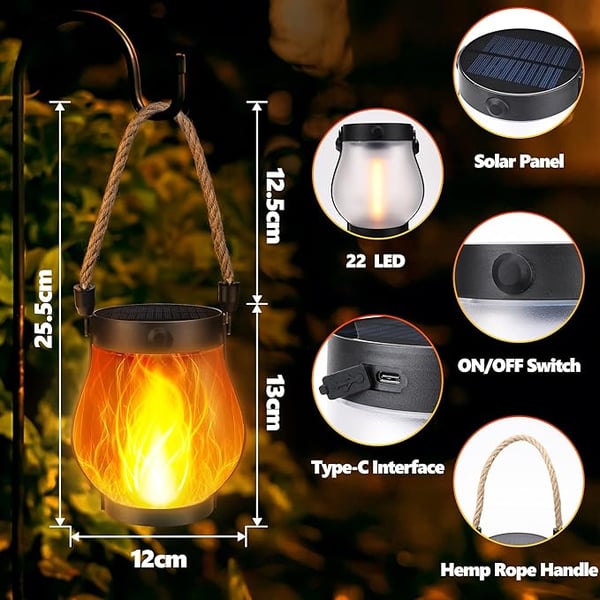 Solar Lanterns Lights, Flickering Flame Garden Lights with 2 Modes Dual Charging USB and Solar, Outdoor Waterproof Hanging Lantern for Yard Patio Porch Decor