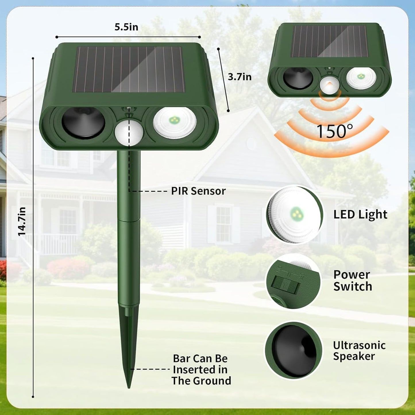 Solar Animal Deterrent Device – Ultrasonic + Strong Light Dual Repulsion , Keep Animals Away from Your Home