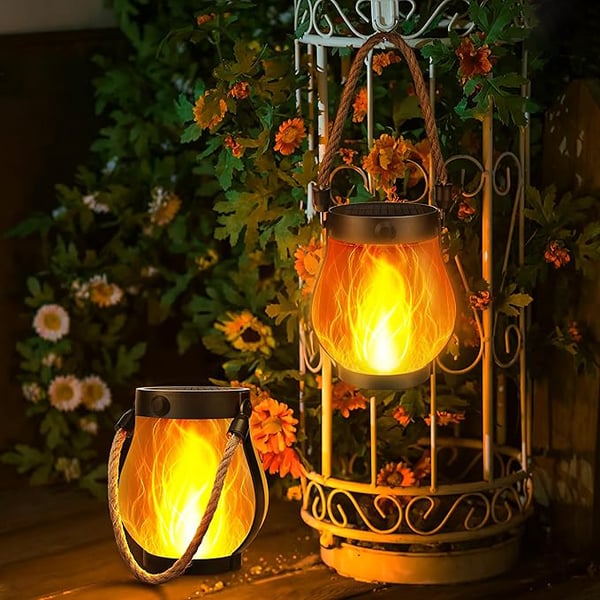 Solar Lanterns Lights, Flickering Flame Garden Lights with 2 Modes Dual Charging USB and Solar, Outdoor Waterproof Hanging Lantern for Yard Patio Porch Decor