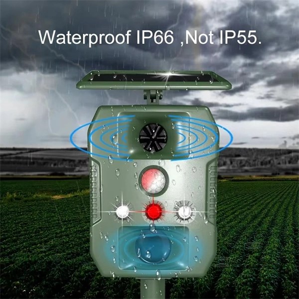 Ultrasonic Solar-Powered Animal Repeller – Infrared Detection, LED Flashing, Adjustable Frequency for Repelling Birds, Raccoons, Mice, Snakes