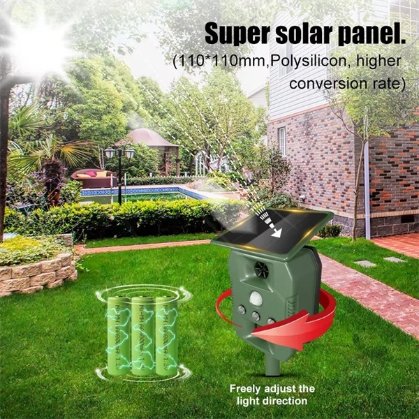 Ultrasonic Solar-Powered Animal Repeller – Infrared Detection, LED Flashing, Adjustable Frequency for Repelling Birds, Raccoons, Mice, Snakes