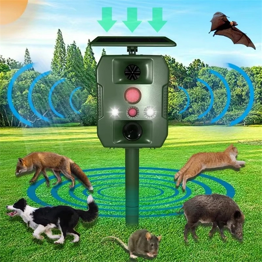 Ultrasonic Solar-Powered Animal Repeller – Infrared Detection, LED Flashing, Adjustable Frequency for Repelling Birds, Raccoons, Mice, Snakes