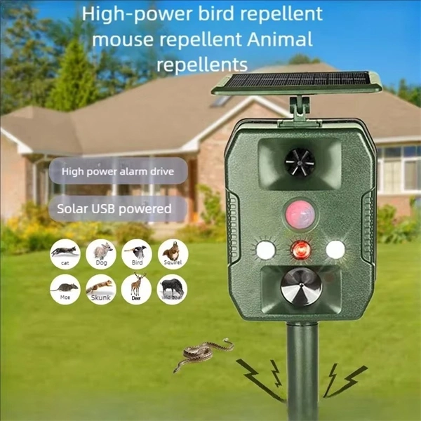 Ultrasonic Solar-Powered Animal Repeller – Infrared Detection, LED Flashing, Adjustable Frequency for Repelling Birds, Raccoons, Mice, Snakes